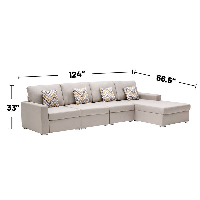 Linen Fabric 4 Piece Reversible Sectional Sofa Chaise with Pillows and Interchangeable Legs in Beige