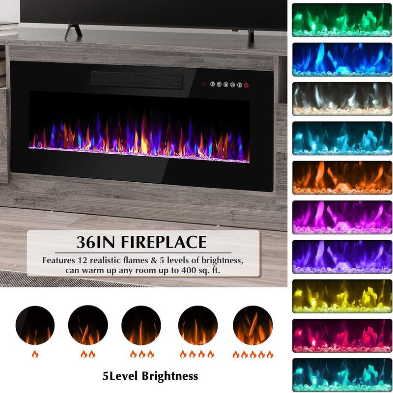 Bossin 70" Fireplace TV Stand with 36" Electric Fireplace, TV Stand for TVs Up to 80", 16 Colors LED Lights/Entertainment Center