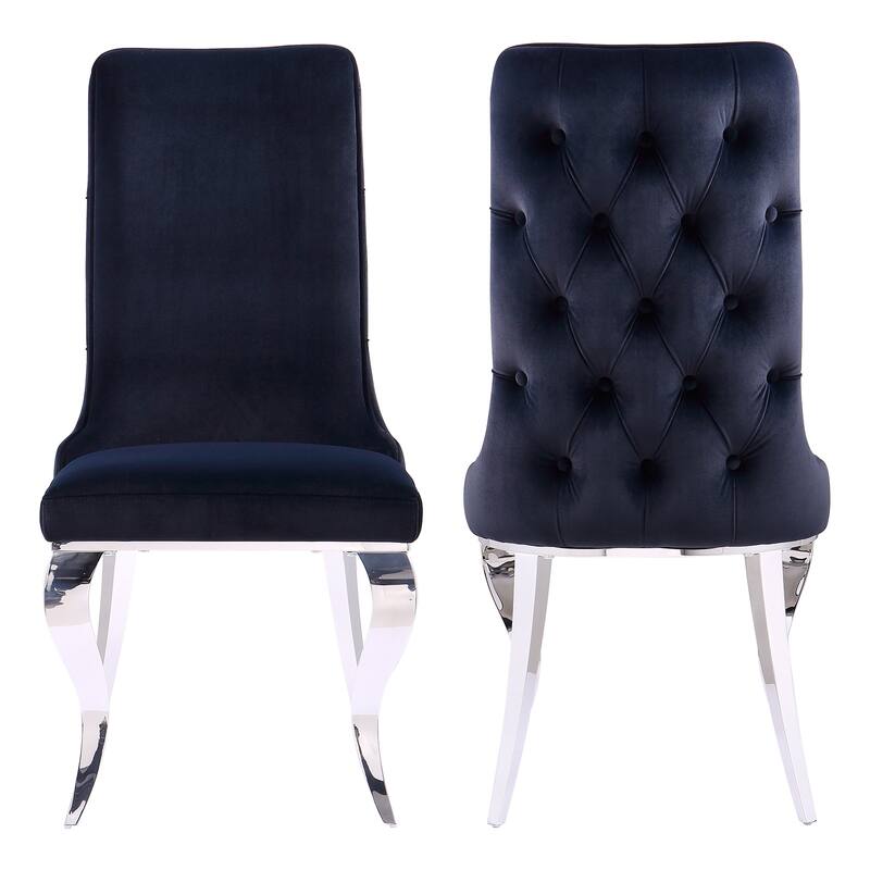 Black and Silver Dining Chairs with Soft Velvet and Metal Legs - Set of 2