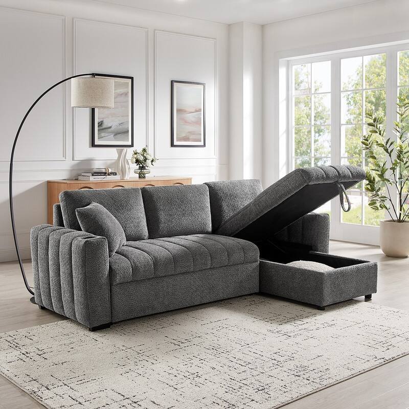 Seraphina 101"W Gray Chenille Fabric Reversible Sleeper Sectional Sofa w/Storage Chaise, Cupholders, USB Port, Throw Pillows
