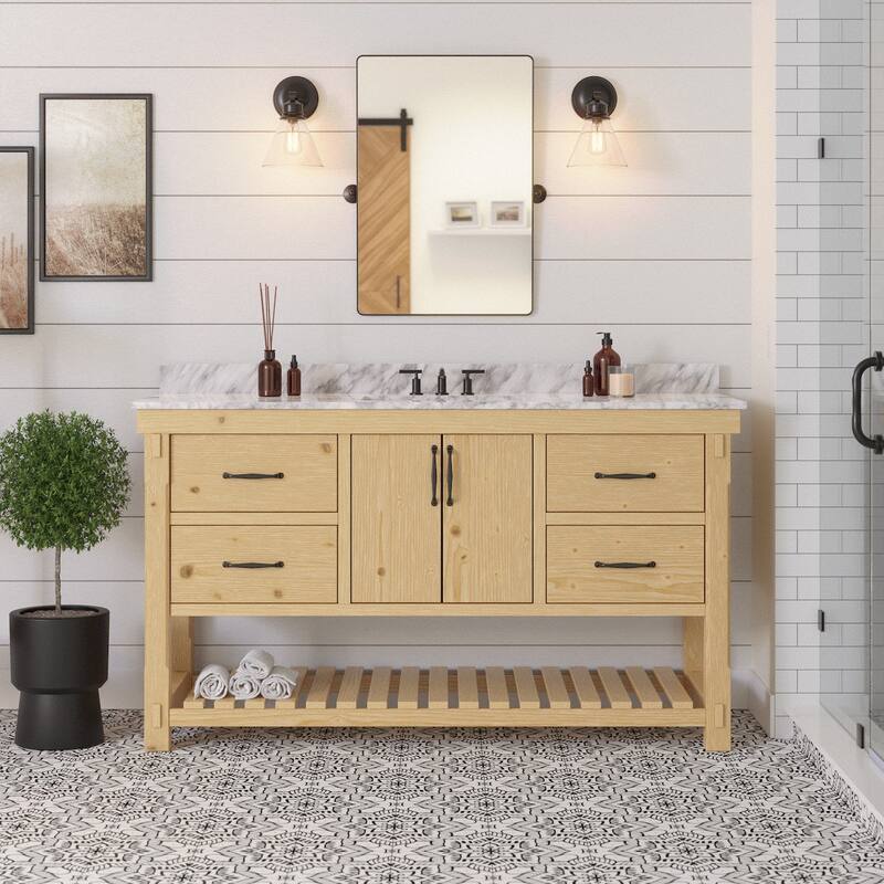KitchenBathCollection Birmingham 60" Single Bathroom Vanity with Carrara Marble Top - Driftwood