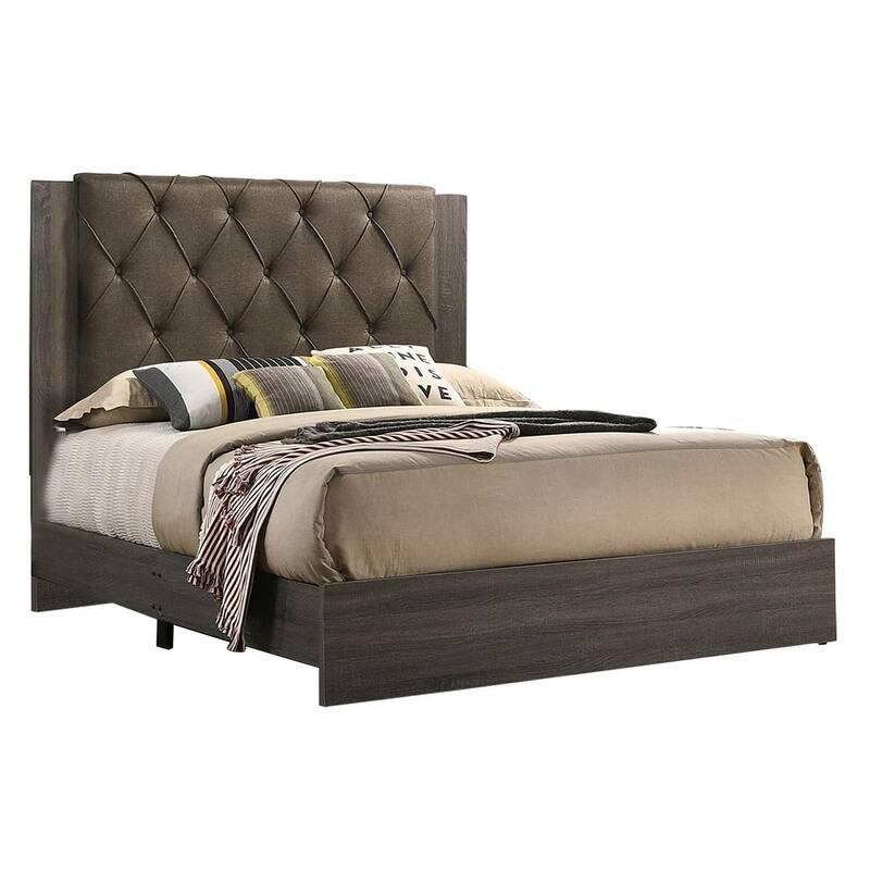 Queen Size Tufted Headboard Bed Frame in Gray Finish with Rubberwood Design