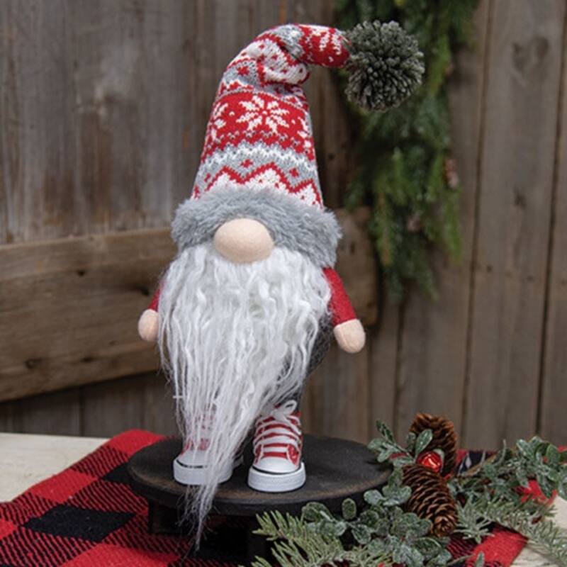 15” Red and Grey Winter Gnome Ornament for Seasonal Home Decor and Table Display - 15" H x 6" W
