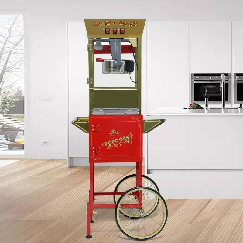 12oz Popcorn Machine Cart, Popcorn Cart with Wheels, Vintage Popcorn Machine with Stainless Steel Kettle