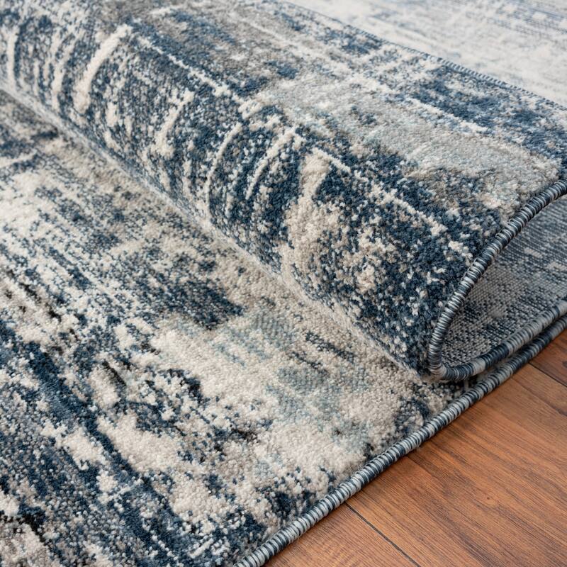 Theory Distressed Denim Blues / Greys Abstract Area Rug