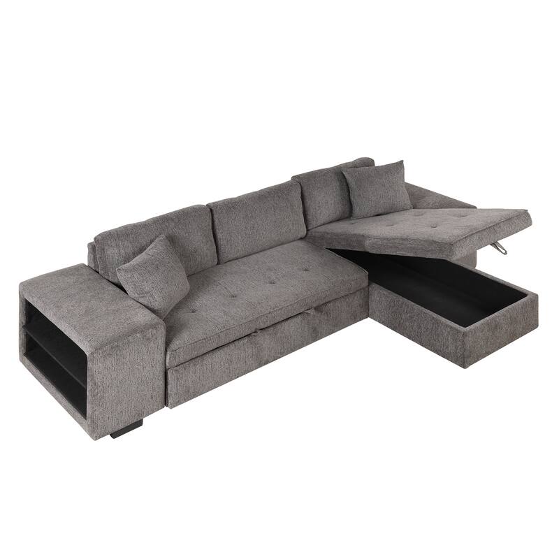 Modern L-Shape 3 Seat Reversible Sectional Couch, Pull Out Sleeper Sofa with Storage Chaise and 2 Stools