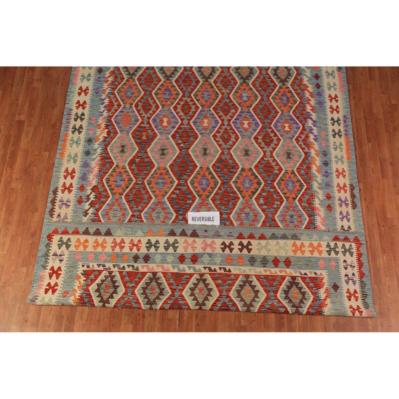 Geometric Kilim Area Rug Flatweave Oriental Wool Carpet - 8'4"x 11'2"