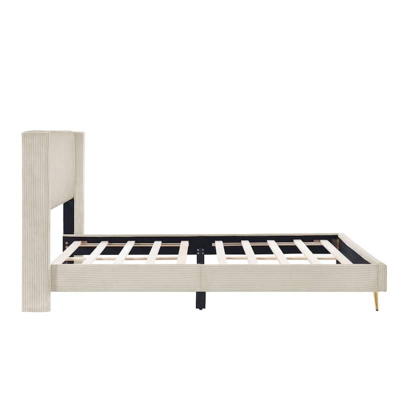 Queen Corduroy Platform Bed with Metal Legs & 10 Wooden Slats 6 Supporting Legs, No Box Spring