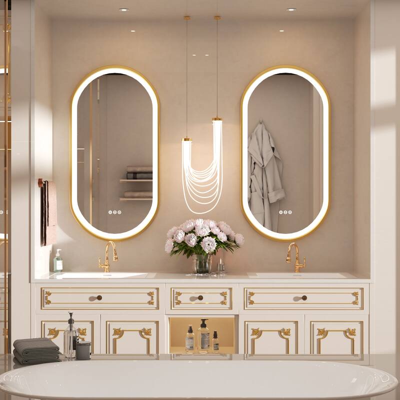 Oval LED Bathroom Mirror Light Wall Mounted with Metal Frame Anti-Fog - 40"X20"