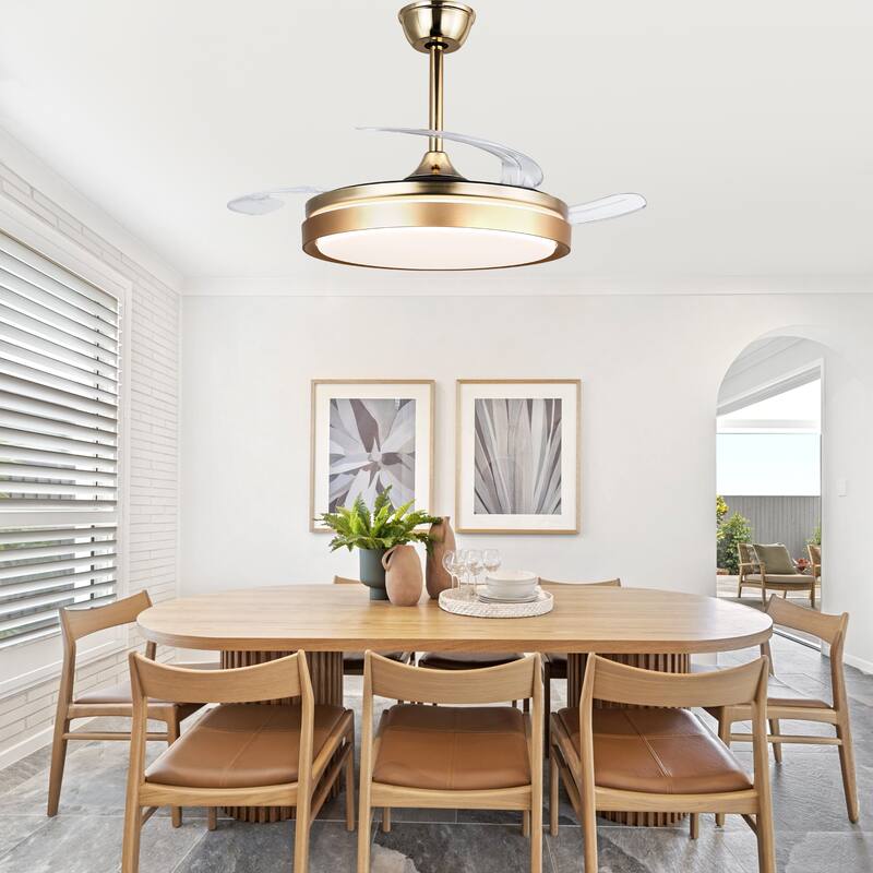 Cusp Barn 42 Inch Retractable Ceiling Fan with Lights, Modern Silent DC Motor 6 Speeds Chandelier Ceiling Fan for Bedroom