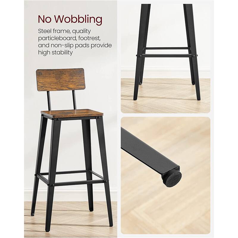 Rustic Brown Black Industrial Bar Stools Set of 2 with Backrest Footrest and Sturdy Metal Legs for Kitchen or Dining Area