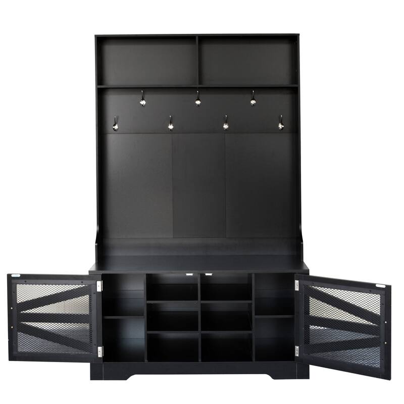 Breathable Hall Tree Cabinet Coat Rack with Adjustable Shelves & Bench Seat, Shoe Storage Cabinet with Wire Mesh Door