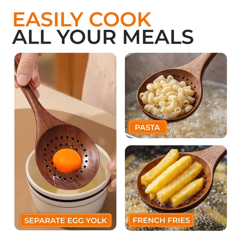 Cheer Collection Teak Wood Strainer Spoon with Drain Holes and Hanging Loop