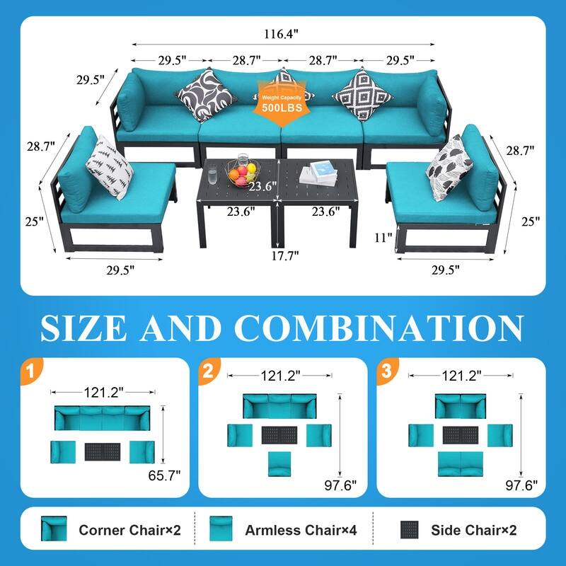 FINCATI Aluminum Patio Furniture Set Outdoor Conversation Sofa with Table - 8 Pieces