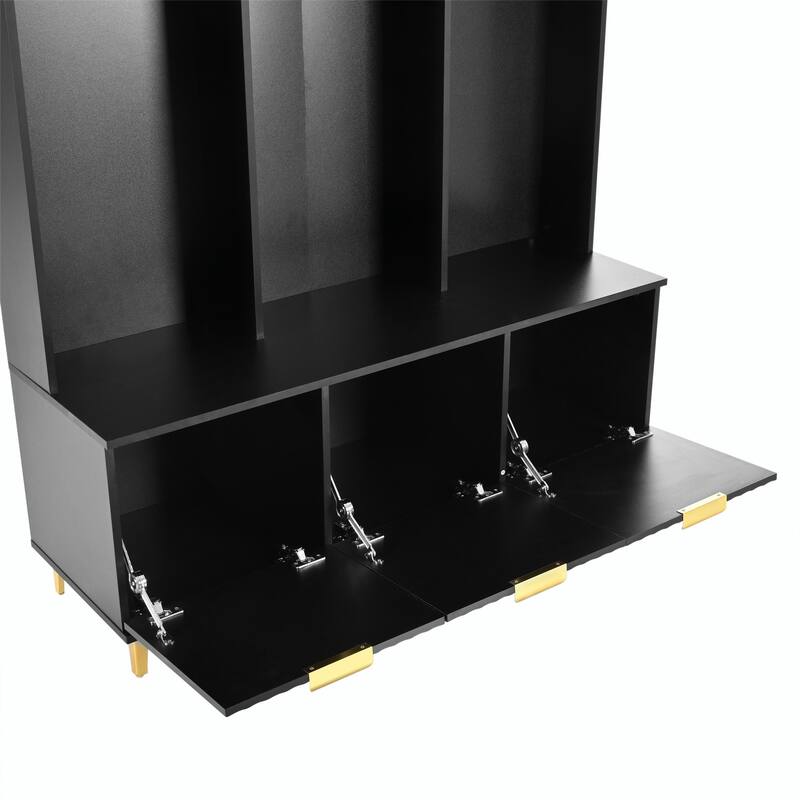 Modern Storage Hall Tree with Bench - Glossy Doors, 6 Gold Hooks