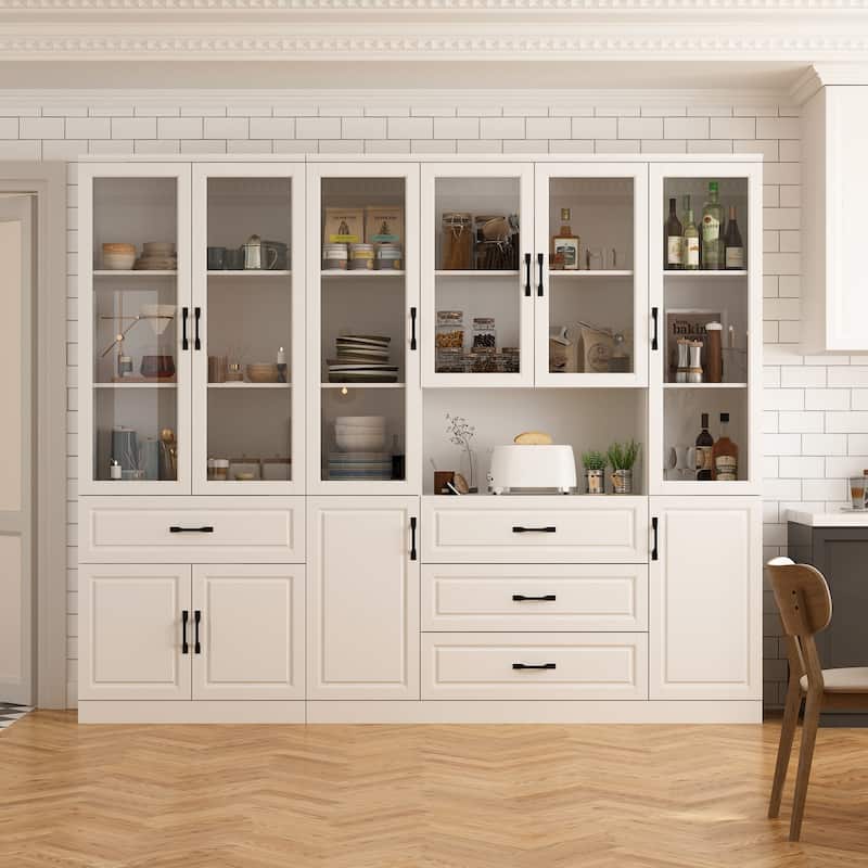 78.7"Modular White Curio Bookcase Cabinet w/Glass Doors Buffet Display
