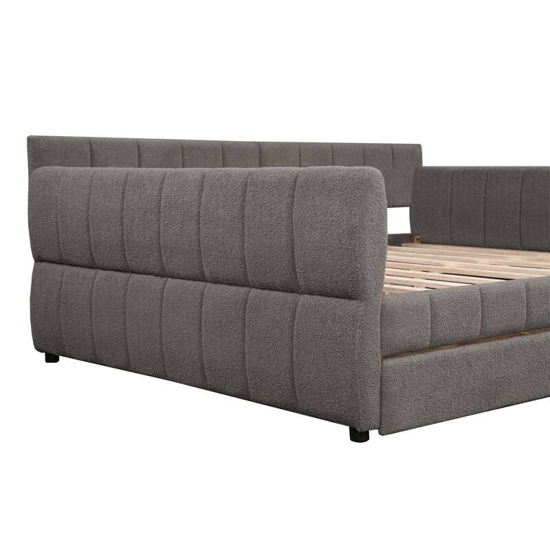 Upholstered Daybed with 2 Storage Drawers, Queen Size Sofa Bed Frame with USB Ports Design and Wood Slats Support