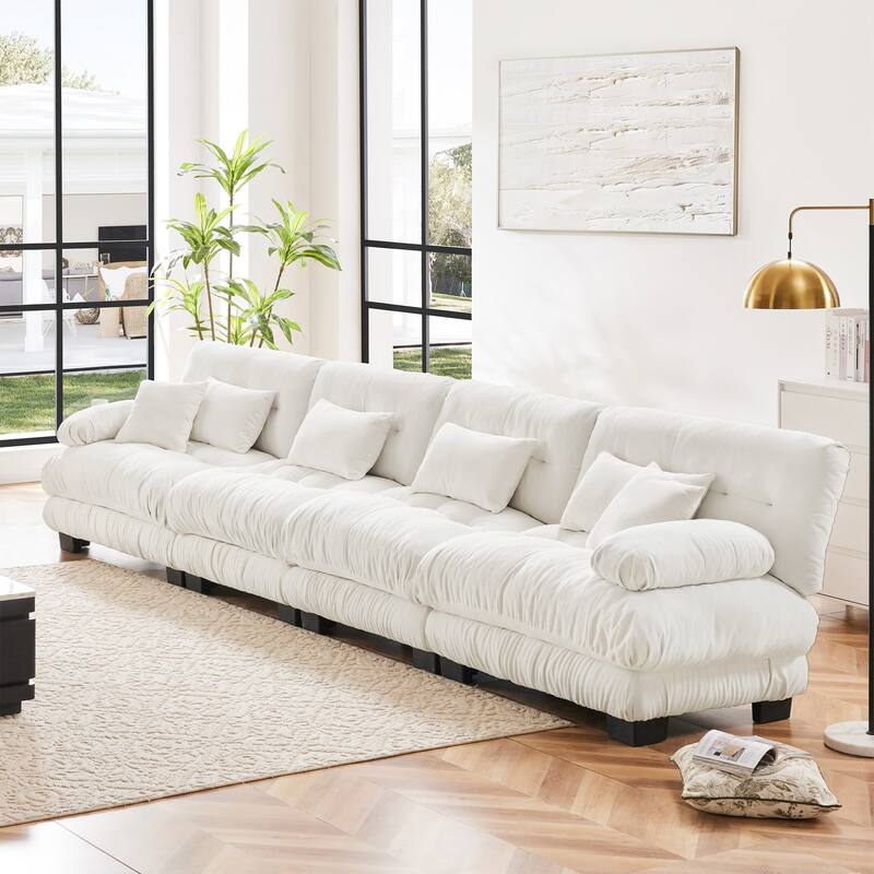Rossetta 4-Seater Stylish Design Chenille Modular Sectional Sofa with Round Bolster Armrests - White