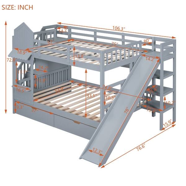 dimension image slide 2 of 4, Solid Wood Full Over Full Castle Style Bunk Bed with 2 Drawers 3 Shelves and Slide and Storage Stairs