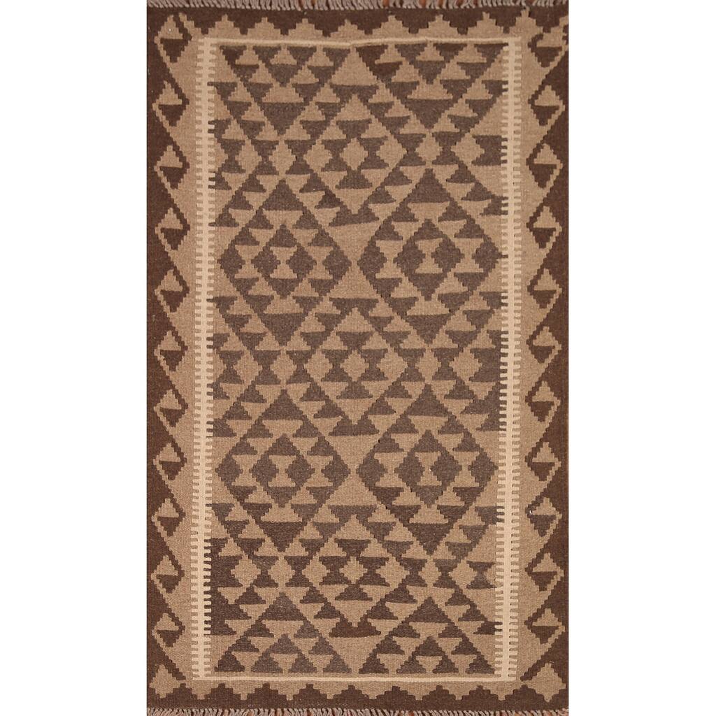 Brown Kilim Area Rug Flat-weave Wool Foyer Carpet - 2'11" x 5'0"