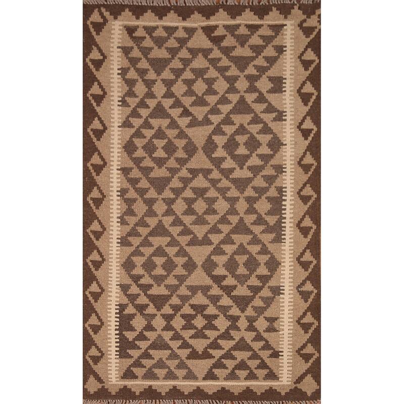 Brown Kilim Area Rug Flat-weave Wool Foyer Carpet - 2'11" x 5'0"