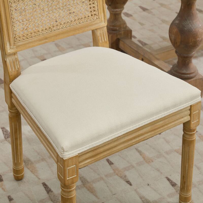 French Decor Chairs Set of 2, Louis Dining Chairs with Square Rattan Backrest and Exquisitely Carved Solid Wood Frame
