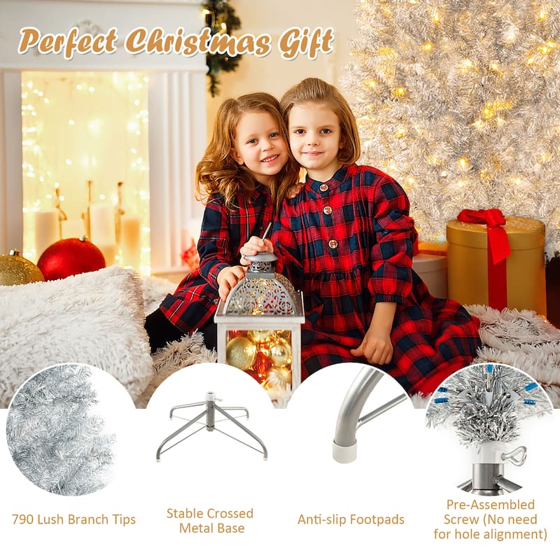 Gymax 6 FT Pre-lit Artificial Silver Tinsel Christmas Tree Slim Pencil