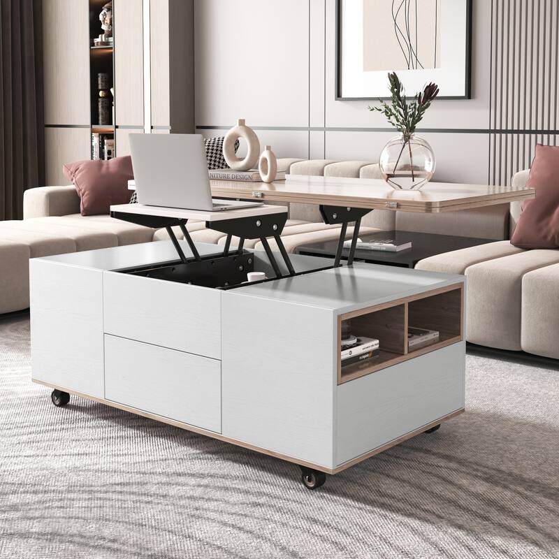 Modern Lift Top Coffee Table Multifunctional Table with Drawers & Shelves - White+Walnut