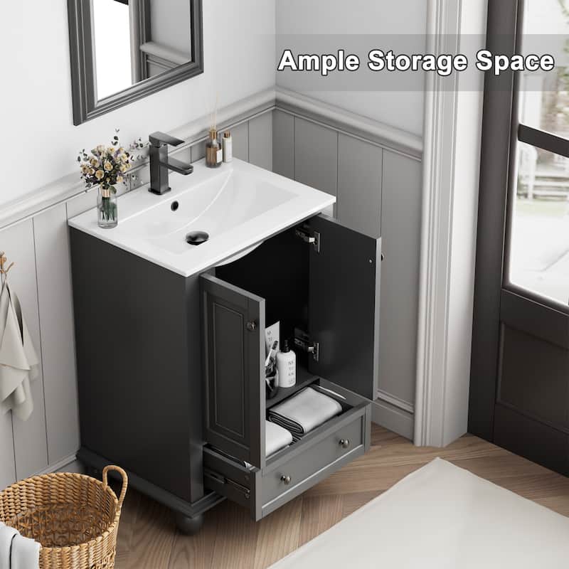 Retro Bathroom Vanity Cabinet Solid Wood Classic with Ceramic Sink