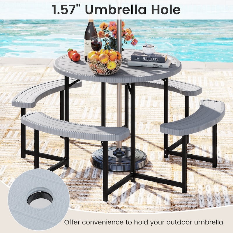 HDPE Round Picnic Table Set with 4 Benches and Umbrella Hole Perfect for Patio or Balcony