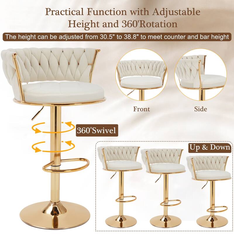 Javlergo Bar Stools Set of 4, Velvet Swivel Bar Stools, Adjustable Height Barstool with Woven Back & Footrest