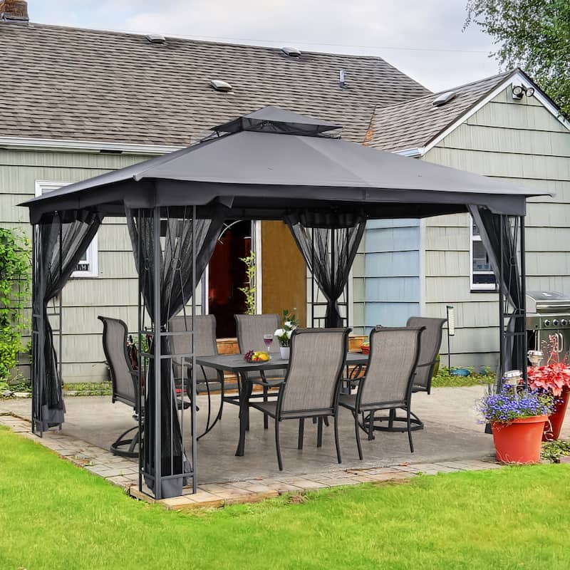 12 Ft. X 10 Ft. Soft Double Roof Patio Gazebo With Mosquito Net - Grey