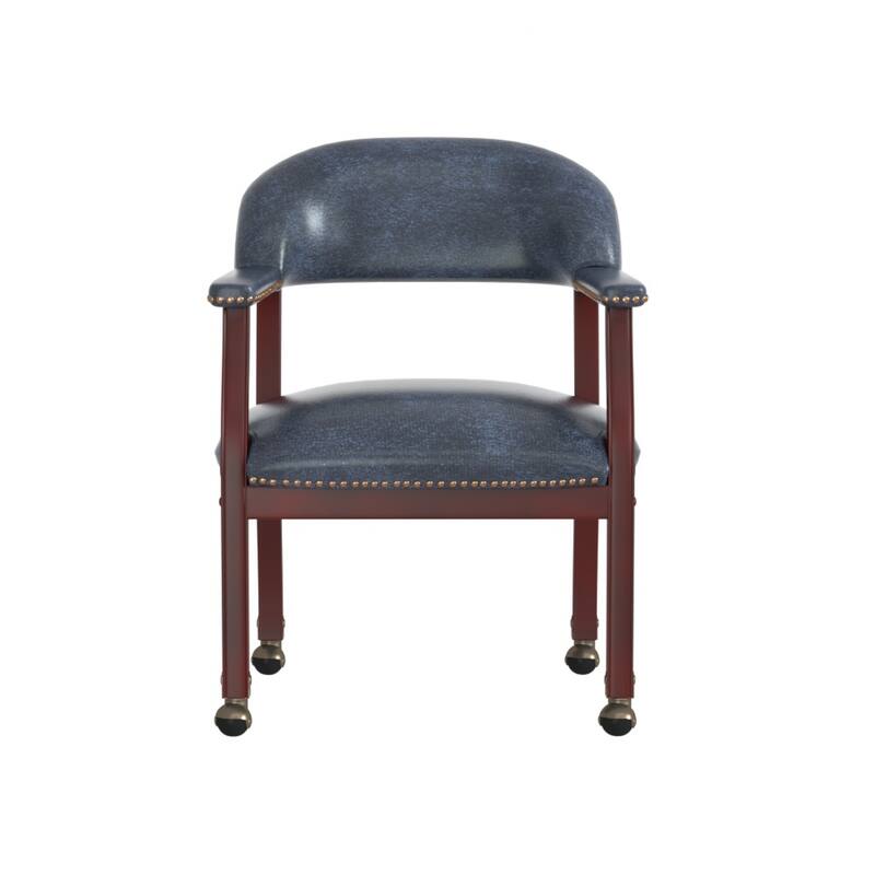 Anna Captain Chair, Brass Rivet Trim, Hooded Caster Wheels, Blue Vinyl