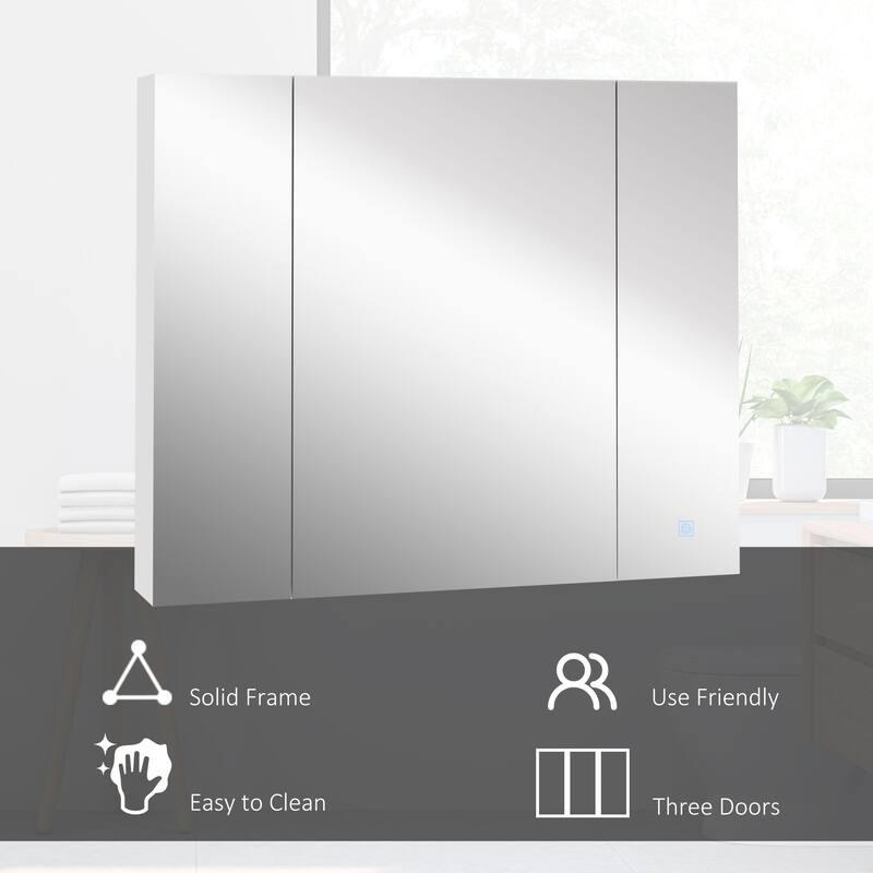 kleankin LED Medicine Cabinet, Wall-Mounted Bathroom Vanity Mirror Organizer with Dimmer Touch Switch, Three Doors, White