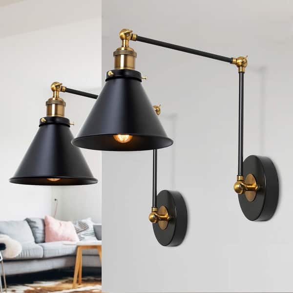 slide 2 of 24, Malryn Set of 2 Modern Black Gold Adjustable Swing Arm Lights Plug-in Wall Sconces for Bedroom