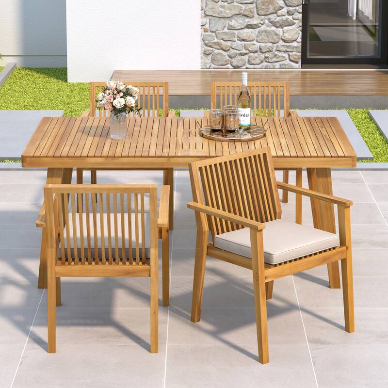 5 - Piece Patio Furniture Set with Acacia Wood Table and 4 Chairs - Beige and Natural