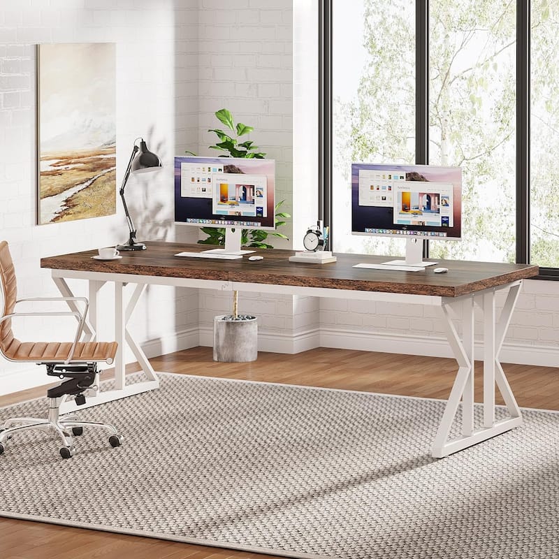 70.8-Inch Executive Desk, Large Computer Office Desk Workstation - 78.74” L x 27.56” W - Brown/White
