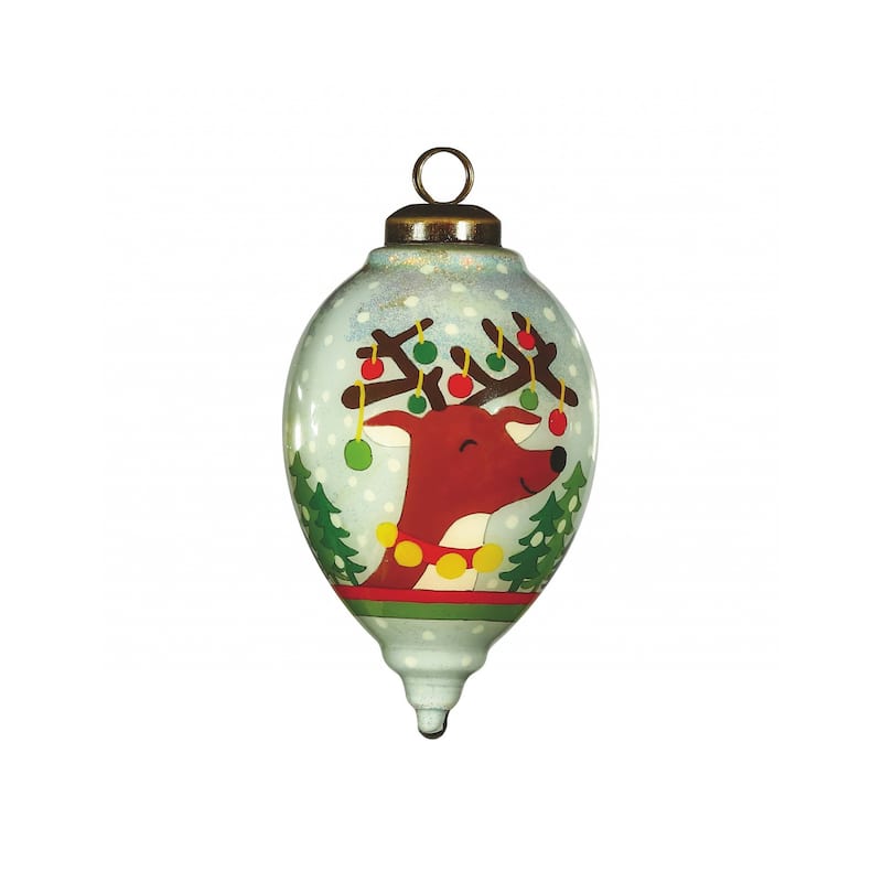 Festive Glitter Reindeer with Lights Hand Painted Mouth Blown Glass Ornament - 4" x 2.5" x 2.5"