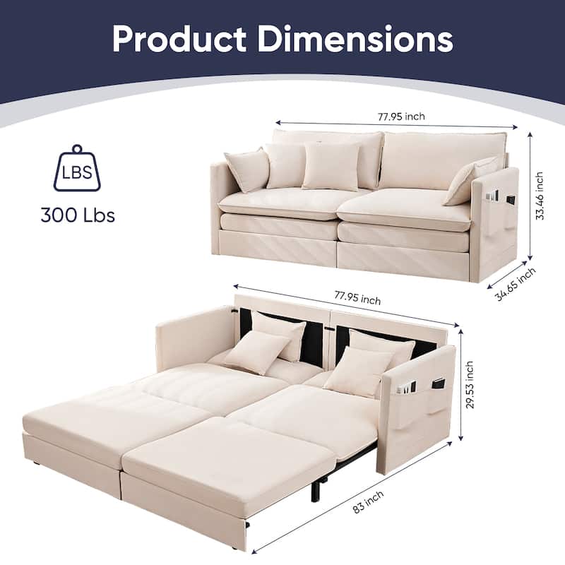 Mixoy 77.95'' lce Velvet 3-in-1 Convertible Loveseat Sleeper Sofa Bed with Side Pockets,Pull Out into Chaise Lounge/Sleeper Bed