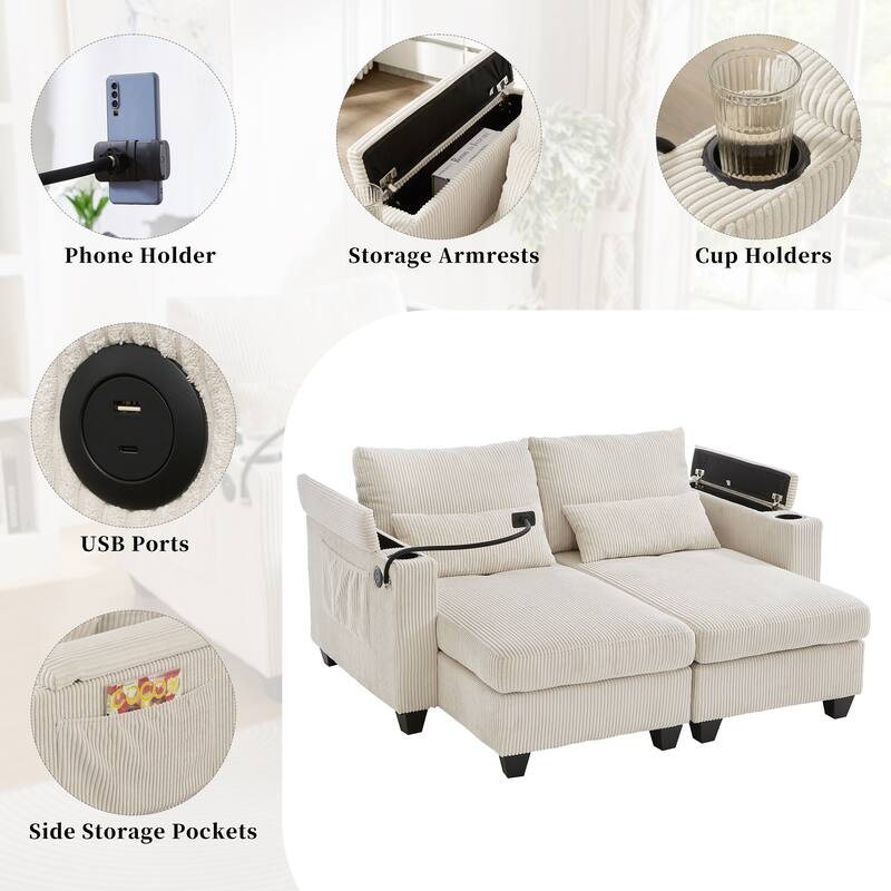Sofa Chair with Armrests, 2-in-1 Corduroy Loveseat & Chaise Lounge, Sofa Bed Sleeper Sofa with Cup Holders & Side Pockets