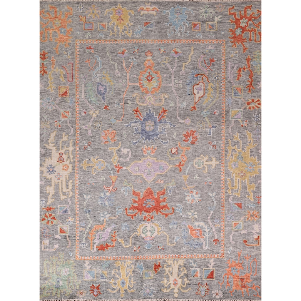All-Over Gray Floral Oushak Indian Area Rug Hand-Knotted Wool Carpet - 7'10"x 9'8"