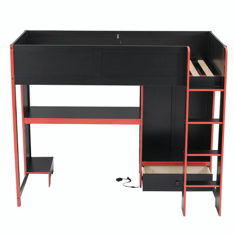 Wood Gaming Loft Bed with Built-In Desk, Wardrobe, LED Lights and Drawer