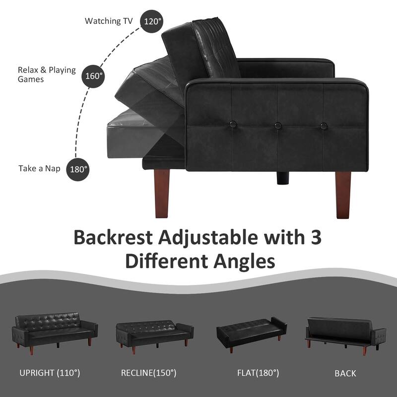 74.4” L Faux Leather Full Handcrafted Button Tufted Sofa 3-Seat, Convertible Sleeper Couch Adjustable Backrest