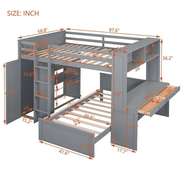 Modern Full size Loft Bed With Twin Size Stand-alone Bed,Shelves,Desk And Wardrobe,Versatile Use