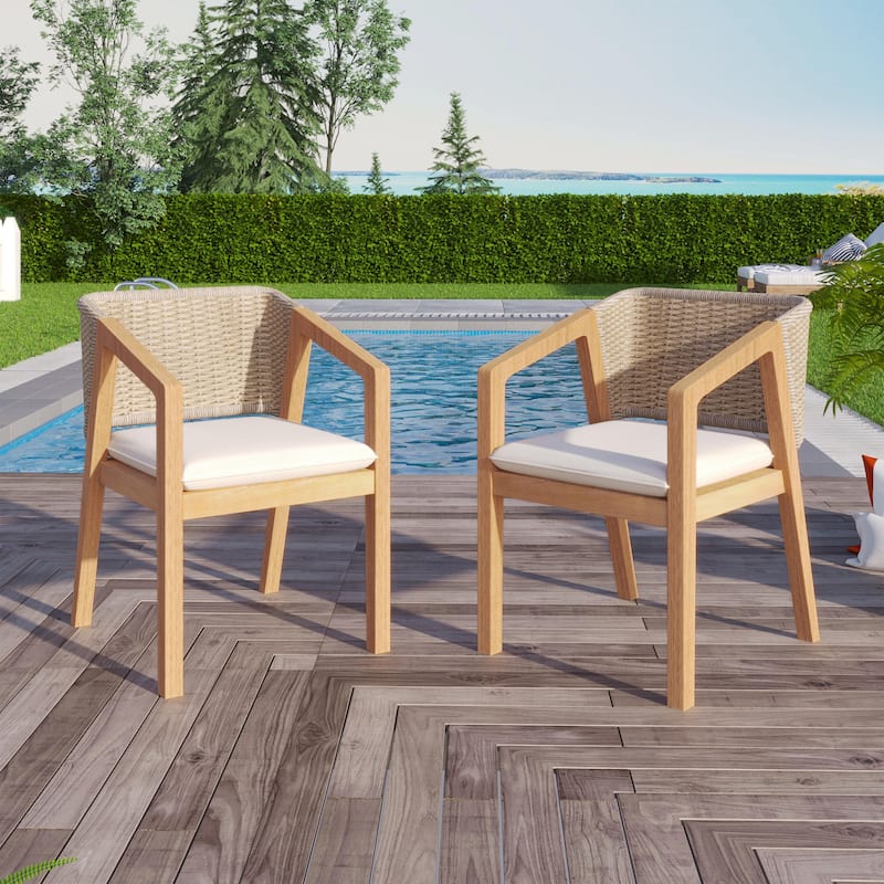 Roomfitters Outdoor Dining Chairs Set of 2, Woven Rope Back with Wood Frame and Cushions, Patio Seating in Natural Beige