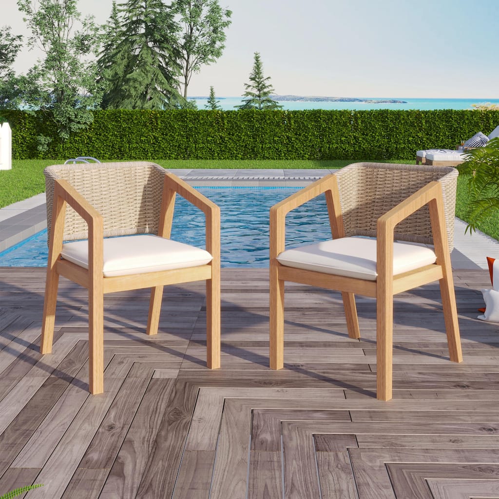 Roomfitters Outdoor Dining Chairs Set of 2, Woven Rope Back with Wood Frame and Cushions, Patio Seating in Natural Beige