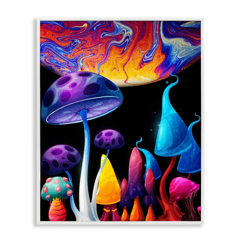 Stupell Whimsical Mushrooms in Space Framed Giclee Art Design By Kim Allen - 16 x 20 - White