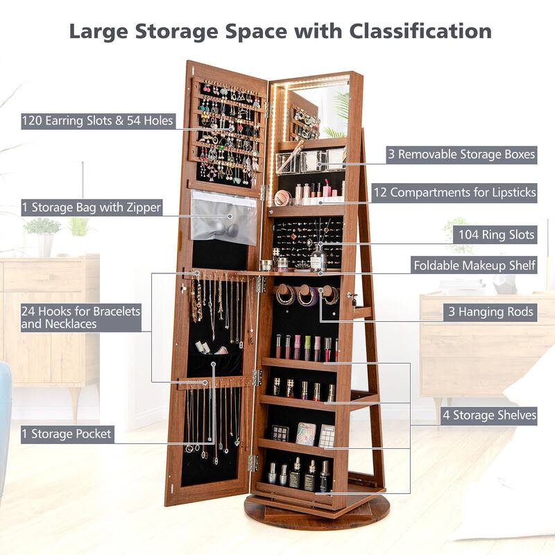 Gymax Rotating Mirrored Jewelry Cabinet with Mirror Storage Shelves