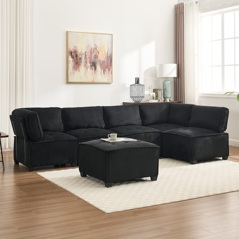 U-Shaped Corduroy Upholstered 6-Seat Convertible Modular Sectional Sofa Fit for Living Room - Black