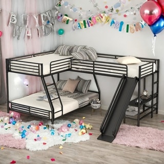 Modern Twin Over Full L-Shaped Bunk Bed With Twin Size Loft Bed,Built-in Desk And Slide for Bedroom